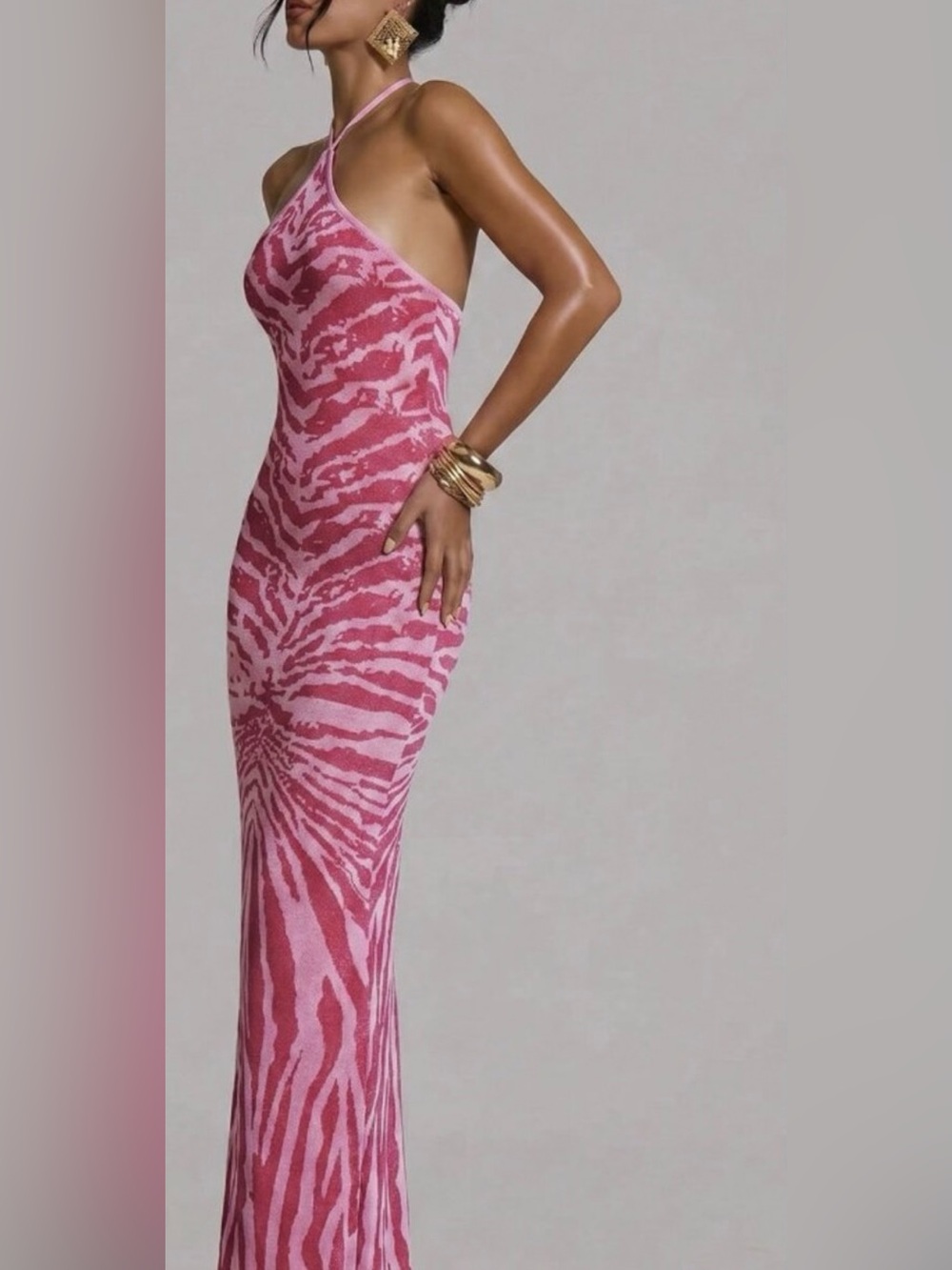 Pink Sexy Women's Fitted Knit Halterneck Maxi Dress